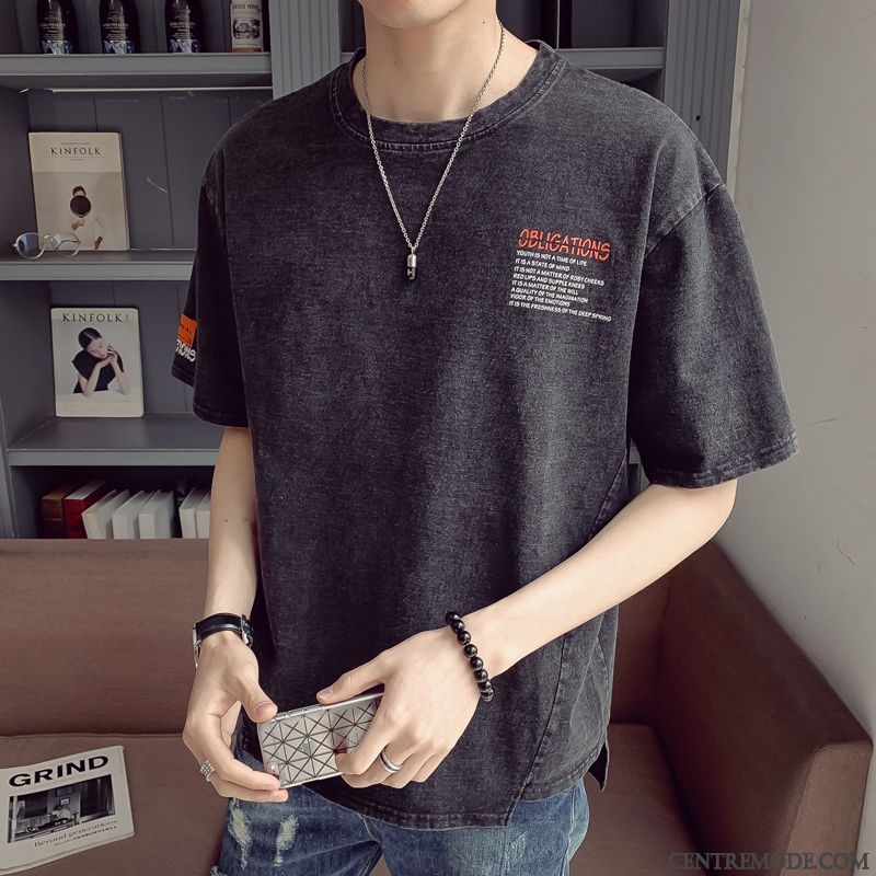 T-shirts Homme Baggy Jeunesse Col Rond Tendance Étudiant Demi Manche Blanc