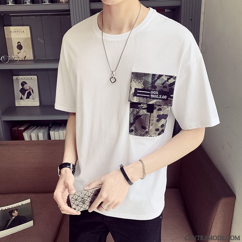 T-shirts Homme Baggy Jeunesse Col Rond Tendance Étudiant Demi Manche Blanc