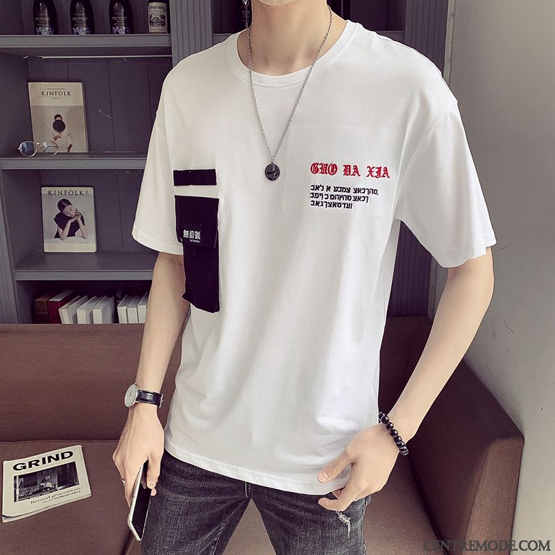 T-shirts Homme Baggy Jeunesse Col Rond Tendance Étudiant Demi Manche Blanc