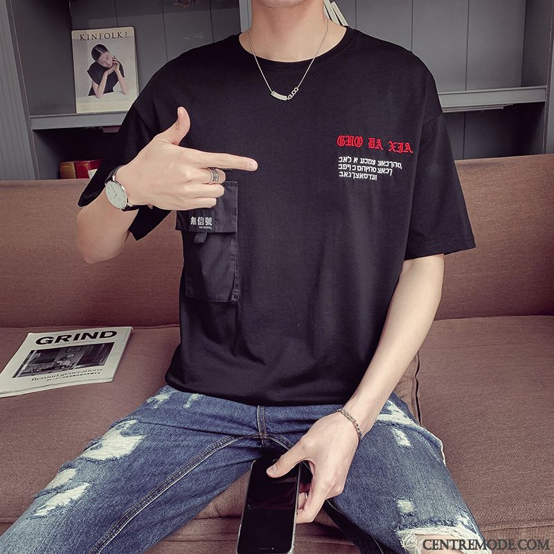 T-shirts Homme Baggy Jeunesse Col Rond Tendance Étudiant Demi Manche Blanc