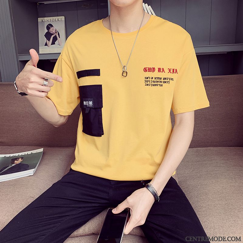 T-shirts Homme Baggy Jeunesse Col Rond Tendance Étudiant Demi Manche Blanc