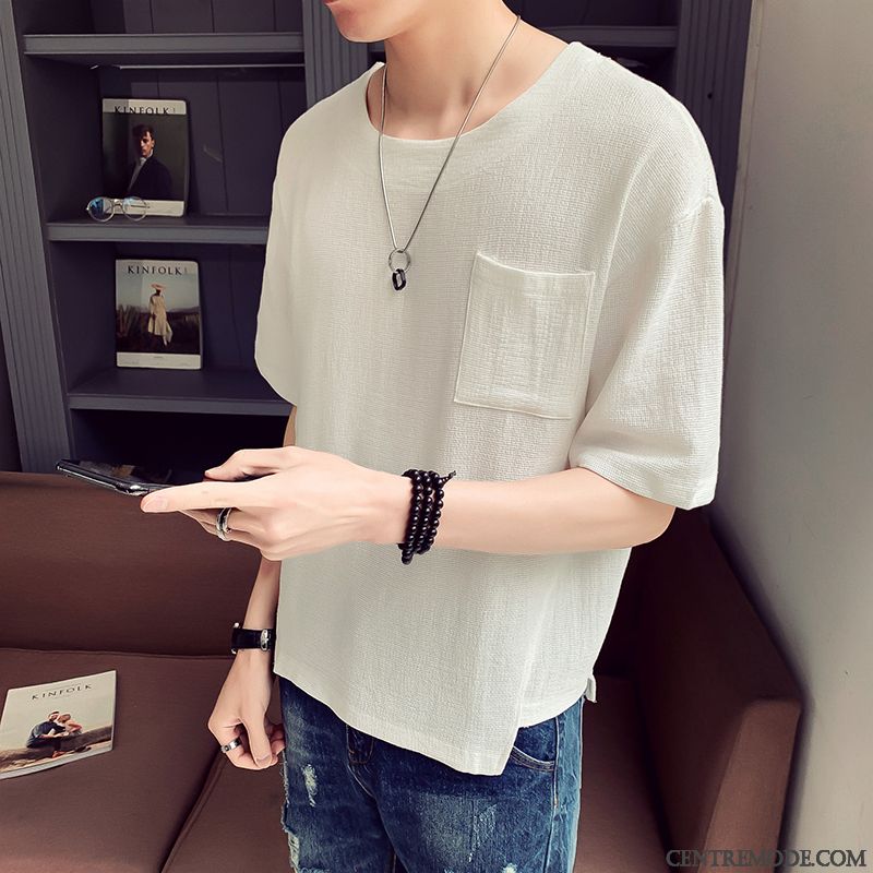 T-shirts Homme Baggy Jeunesse Col Rond Tendance Étudiant Demi Manche Blanc