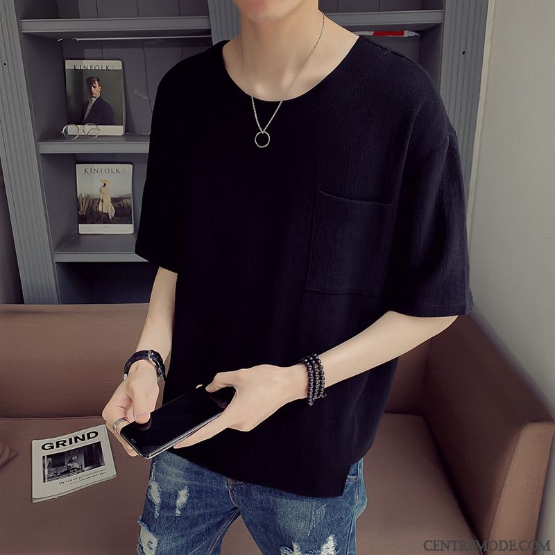 T-shirts Homme Baggy Jeunesse Col Rond Tendance Étudiant Demi Manche Blanc