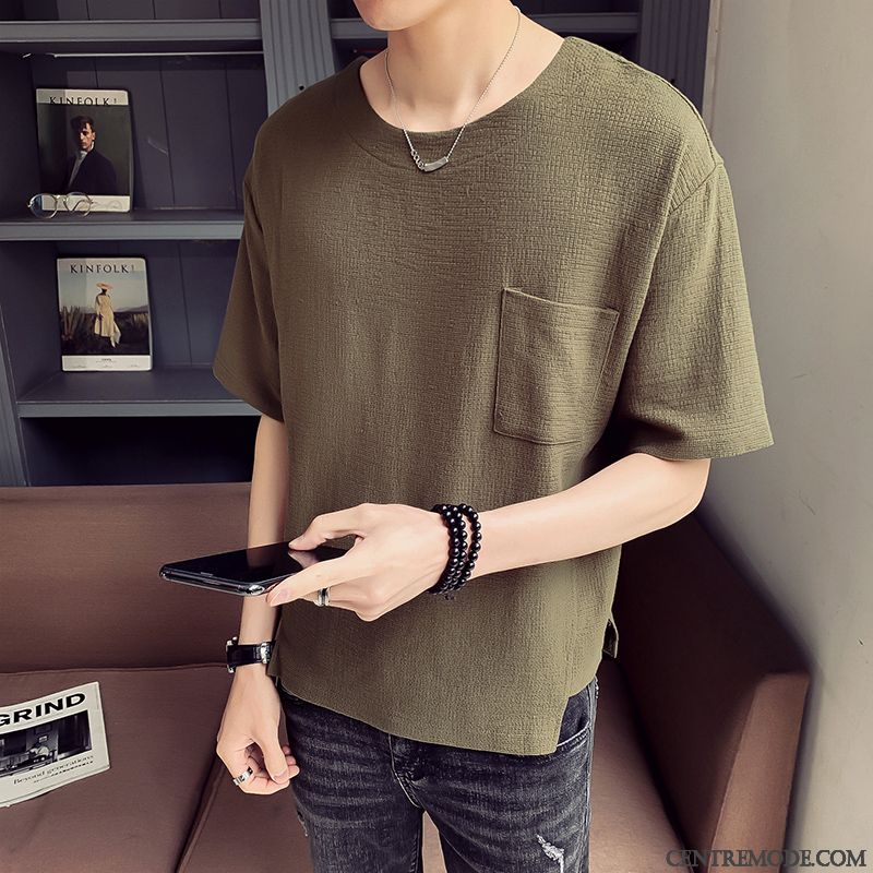 T-shirts Homme Baggy Jeunesse Col Rond Tendance Étudiant Demi Manche Blanc