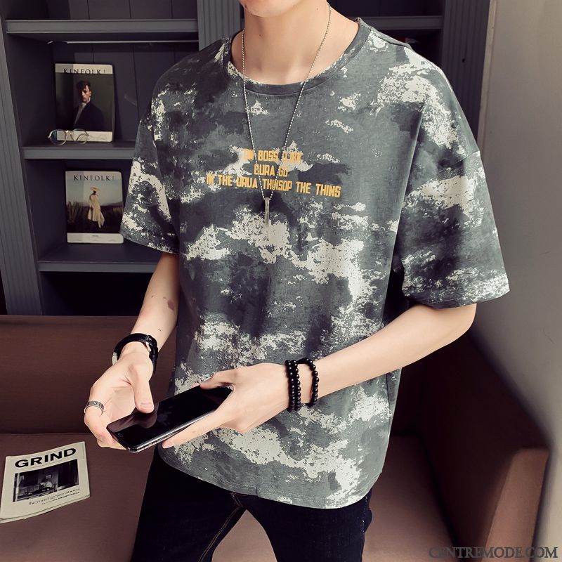T-shirts Homme Baggy Jeunesse Col Rond Tendance Étudiant Demi Manche Blanc