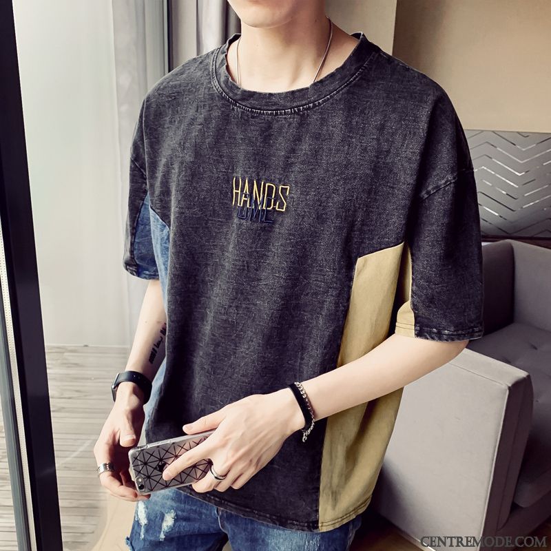 T-shirts Homme Baggy Jeunesse Col Rond Tendance Étudiant Demi Manche Blanc
