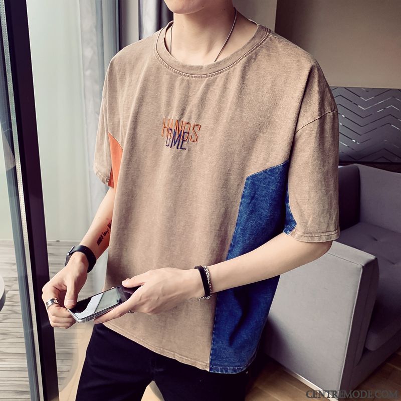 T-shirts Homme Baggy Jeunesse Col Rond Tendance Étudiant Demi Manche Blanc