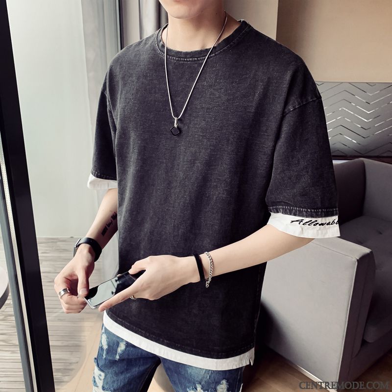 T-shirts Homme Baggy Jeunesse Col Rond Tendance Étudiant Demi Manche Blanc