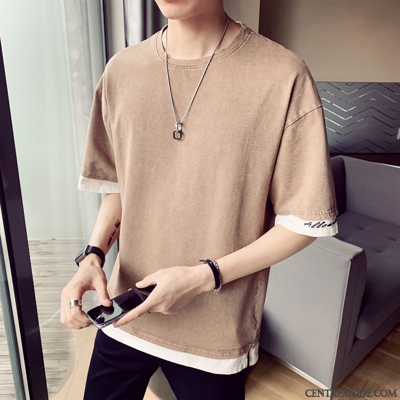 T-shirts Homme Baggy Jeunesse Col Rond Tendance Étudiant Demi Manche Blanc
