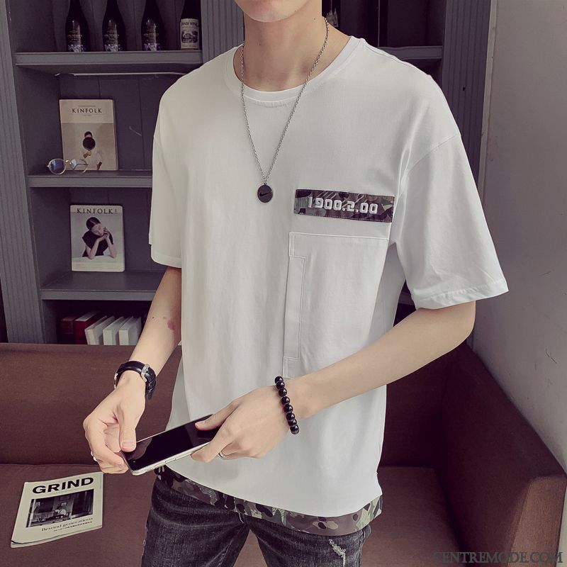 T-shirts Homme Baggy Jeunesse Col Rond Tendance Étudiant Demi Manche Blanc