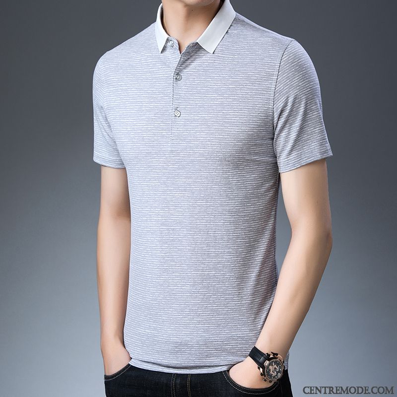 T-shirts Homme Baggy Soie De Glace Tendance Revers Roulé Âge Moyen Été Bleu
