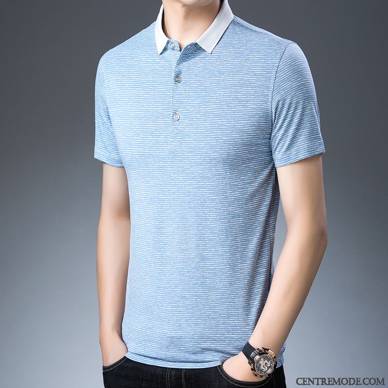 T-shirts Homme Baggy Soie De Glace Tendance Revers Roulé Âge Moyen Été Bleu