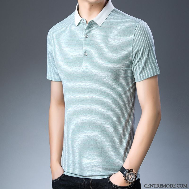 T-shirts Homme Baggy Soie De Glace Tendance Revers Roulé Âge Moyen Été Bleu