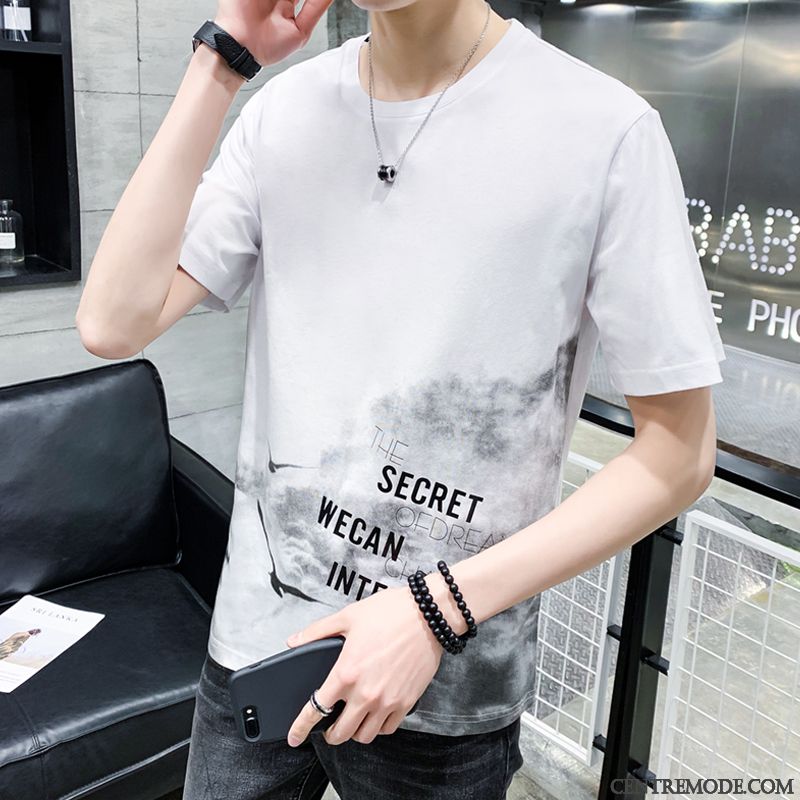 T-shirts Homme Courte Tendance Été Baggy Étudiant Demi Manche Bleu Blanc