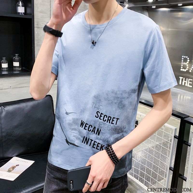 T-shirts Homme Courte Tendance Été Baggy Étudiant Demi Manche Bleu Blanc
