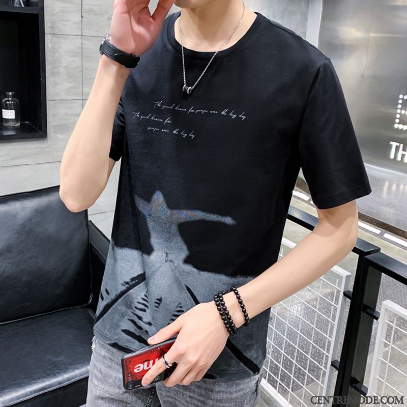 T-shirts Homme Courte Tendance Été Baggy Étudiant Demi Manche Bleu Blanc