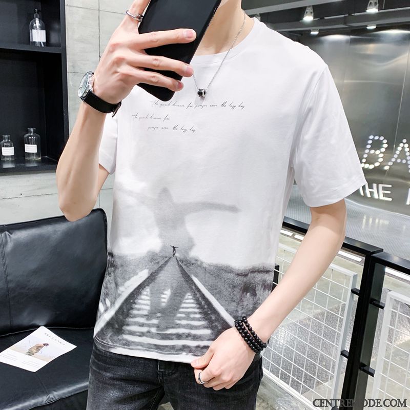 T-shirts Homme Courte Tendance Été Baggy Étudiant Demi Manche Bleu Blanc