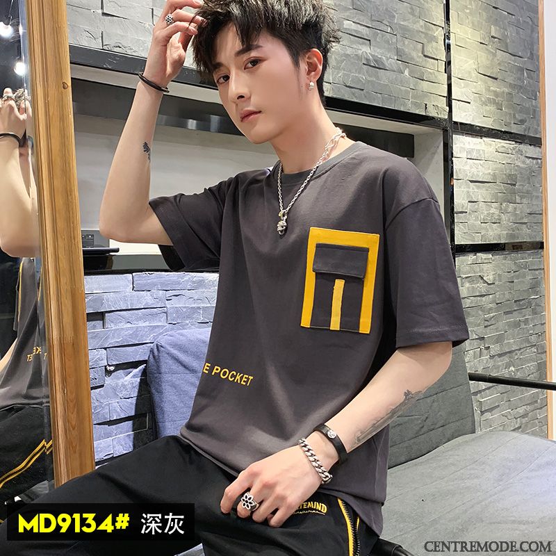 T-shirts Homme Demi Manche Coton Bio Tendance Été Baggy Courte Jaune