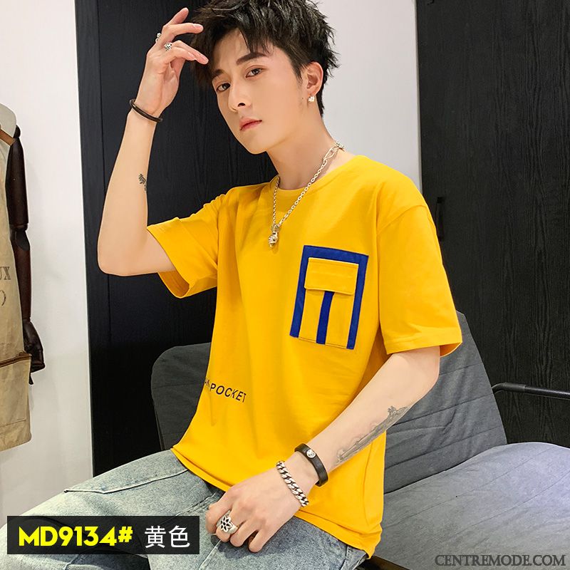 T-shirts Homme Demi Manche Coton Bio Tendance Été Baggy Courte Jaune