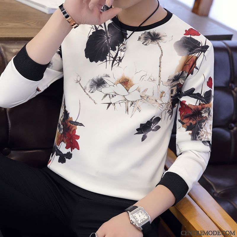 T-shirts Homme Décontractée Floral L'automne Slim Longues Col Rond Blanc