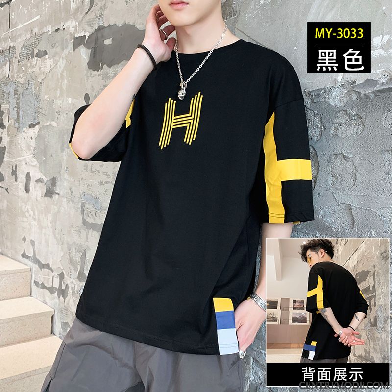 T-shirts Homme Tendance Demi Manche Marque De Tendance Coton Bio Baggy Été Jaune