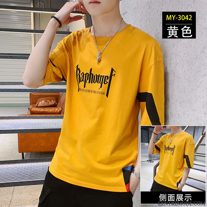 T-shirts Homme Tendance Demi Manche Marque De Tendance Coton Bio Baggy Été Jaune