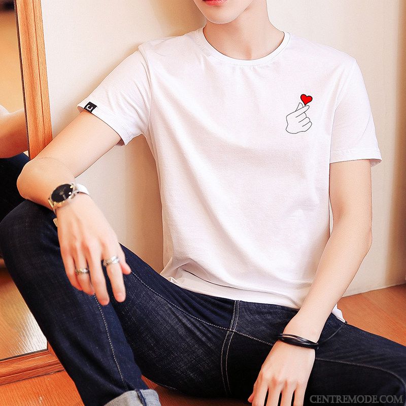 T-shirts Homme Tendance Slim Demi Manche Col Rond Courte Étudiant Blanc