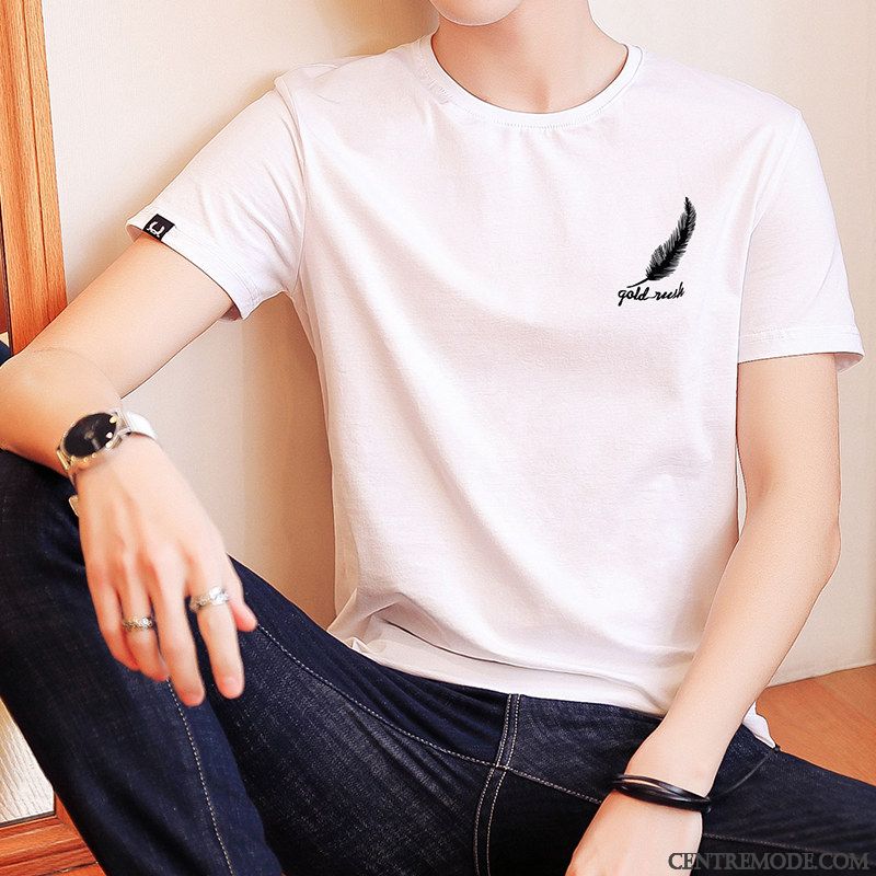 T-shirts Homme Tendance Slim Demi Manche Col Rond Courte Étudiant Blanc