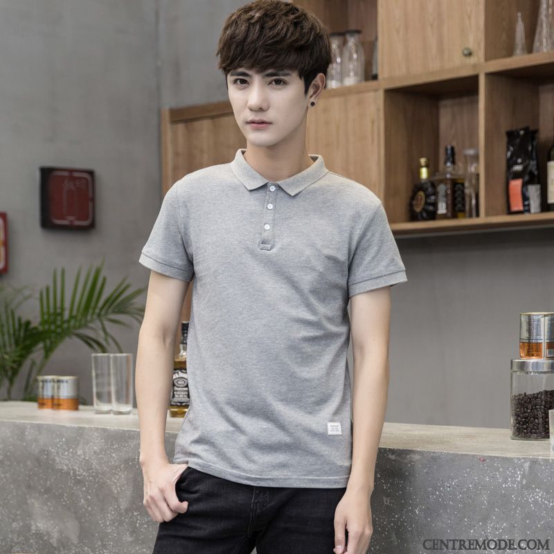 T-shirts Homme Tendance Étudiant Revers Roulé Courte Polo Été Bleu