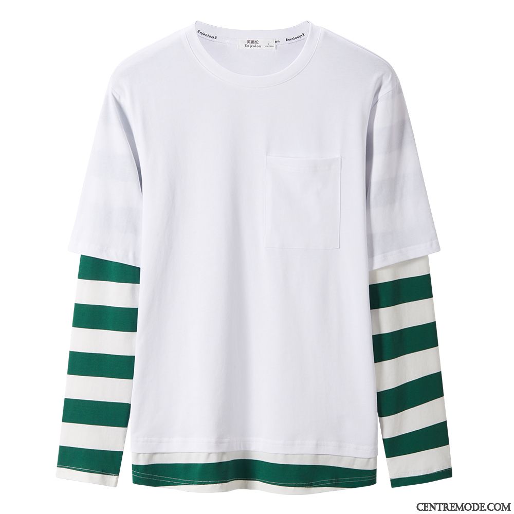 T-shirts Homme Une Veste Deux-pièces Chemise En Bas L'automne Rayé Col Rond Couleur De Contraste Blanc