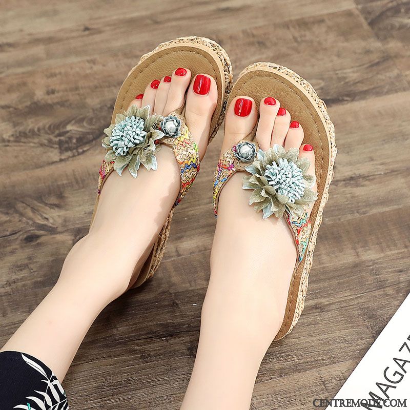 Tongs Femme Mode Été Tongs Chaussons Plage Mesh Semelle Épaisse Rouge Brun Or