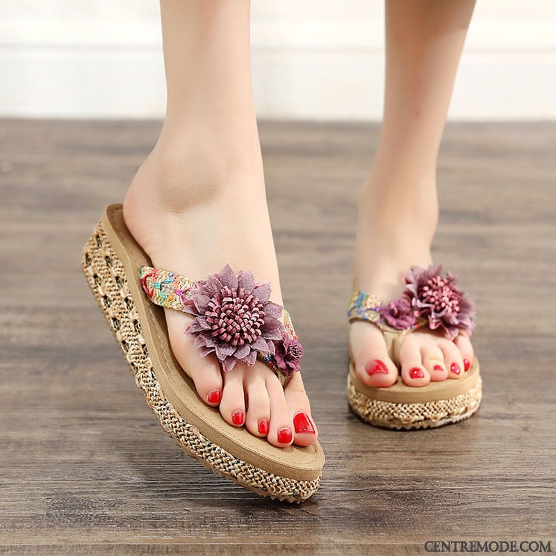 Tongs Femme Mode Été Tongs Chaussons Plage Mesh Semelle Épaisse Rouge Brun Or