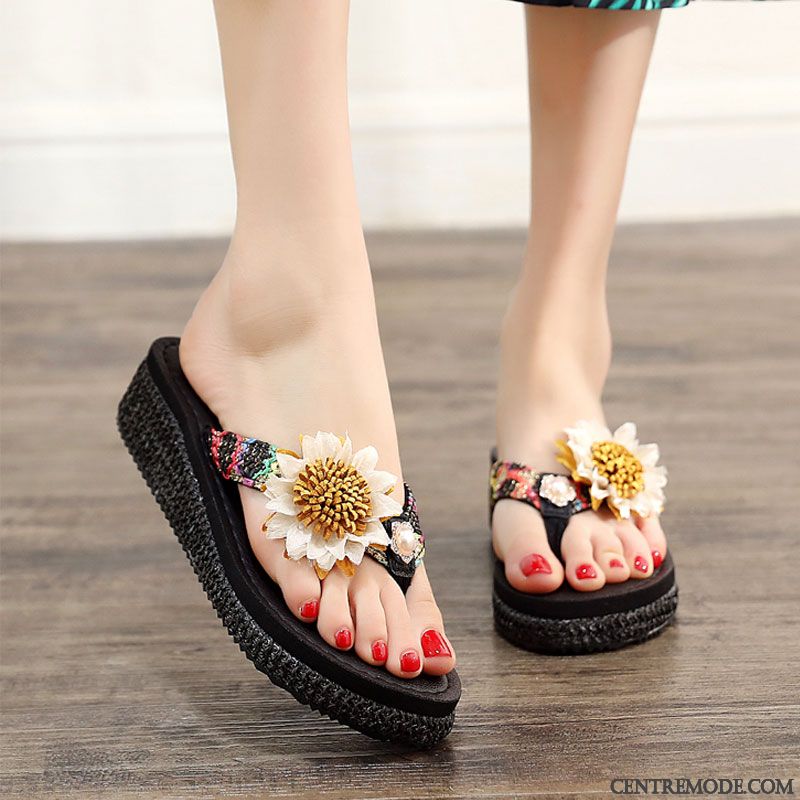 Tongs Femme Mode Été Tongs Chaussons Plage Mesh Semelle Épaisse Rouge Brun Or