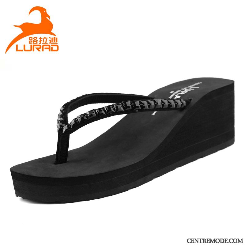 Tongs Femme Plage Mode Talons Hauts Été Semelle Épaisse Dame Noir