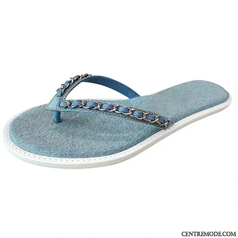 Tongs Femme Plates Antidérapant Denim Tous Les Assortis Tongs Chaussons Plage Bleu