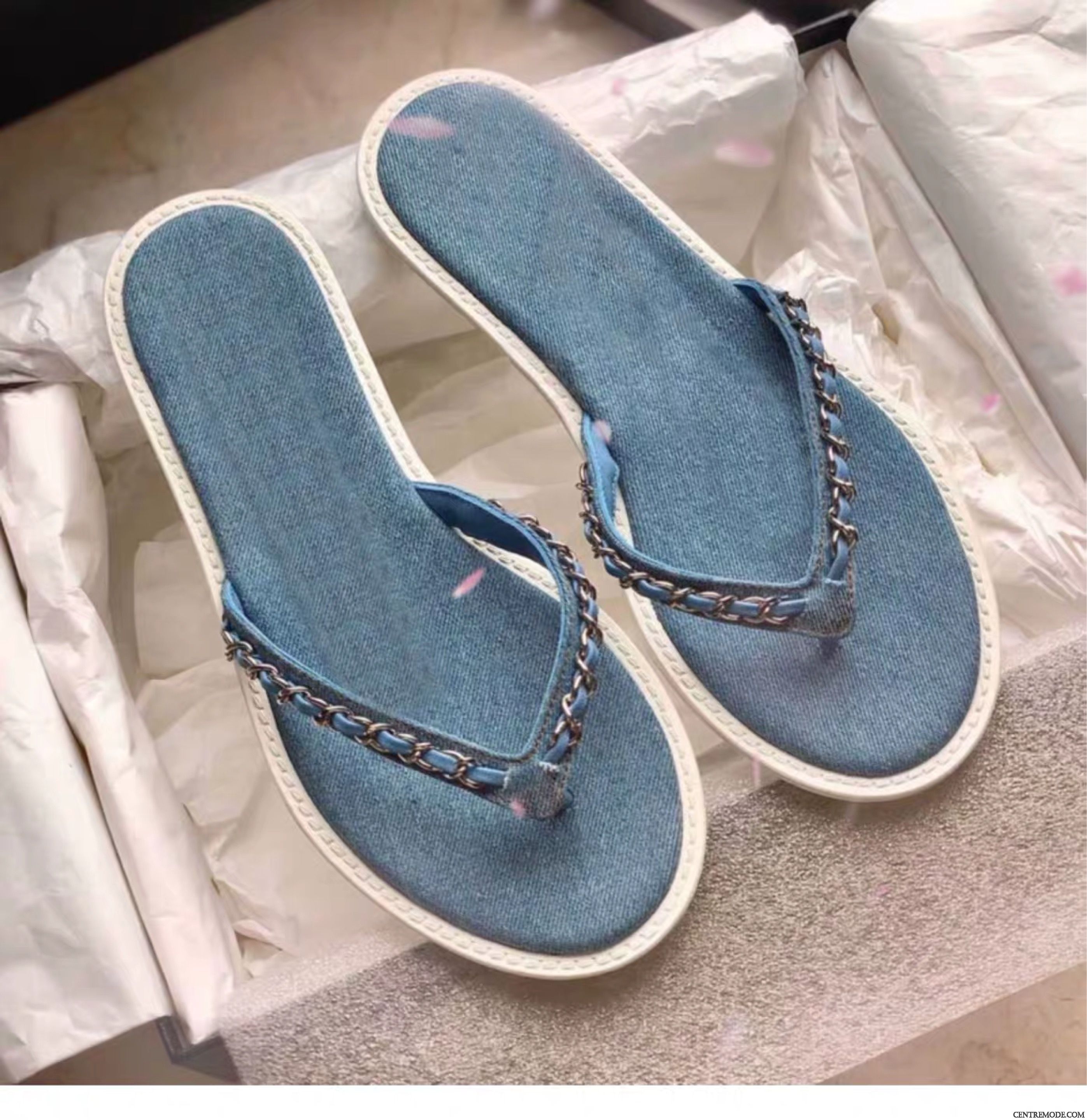 Tongs Femme Plates Antidérapant Denim Tous Les Assortis Tongs Chaussons Plage Bleu