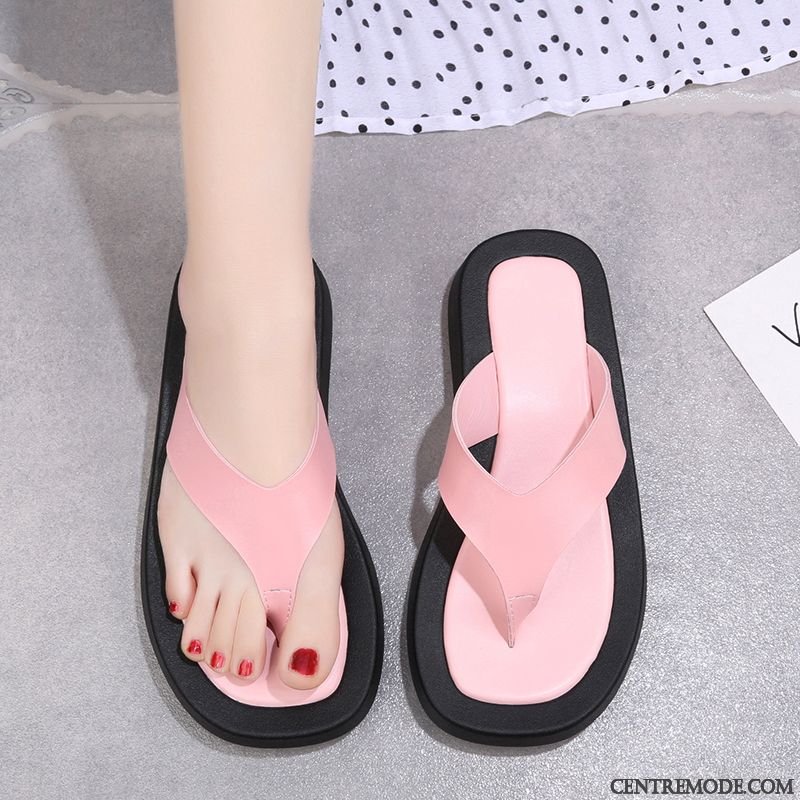 Tongs Femme Semelle Épaisse Été Plates Doux Outwear Tongs Chaussons Rose