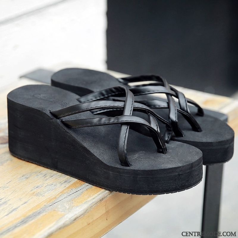Tongs Femme Talons Hauts Antidérapant En Cuir Tendance Pu Talons Compensés Brun