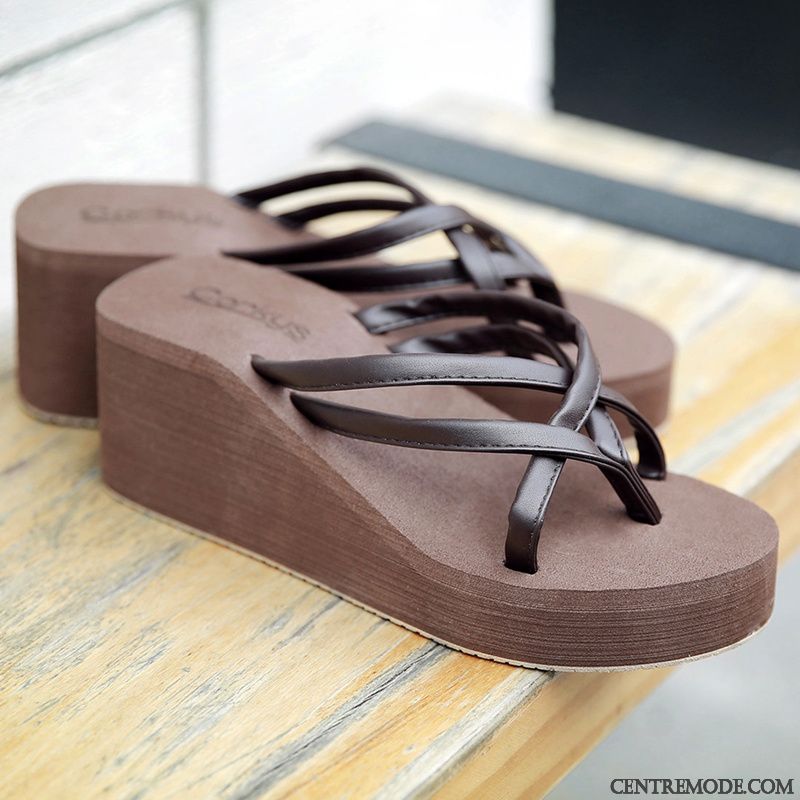 Tongs Femme Talons Hauts Antidérapant En Cuir Tendance Pu Talons Compensés Brun