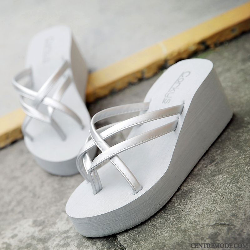 Tongs Femme Talons Hauts Antidérapant En Cuir Tendance Pu Talons Compensés Brun