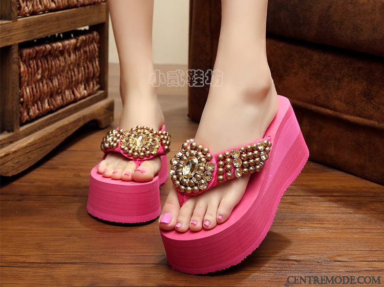 Tongs Femme Tongs Chaussons Sandales Talons Compensés Imitation Strass Talons Hauts Semelle Épaisse Rose