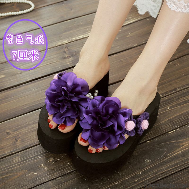 Tongs Femme Été Fleurs Outwear Tongs Chaussons Semelle Épaisse Talons Hauts Violet