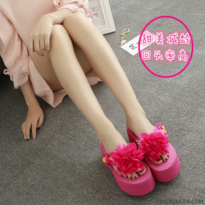 Tongs Femme Été Fleurs Outwear Tongs Chaussons Semelle Épaisse Talons Hauts Violet