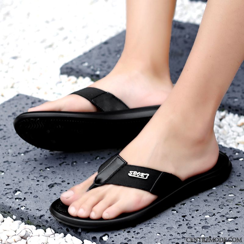 Tongs Homme Cuir Personnalité Tendance De Plein Air Antidérapant Cuir Véritable Noir