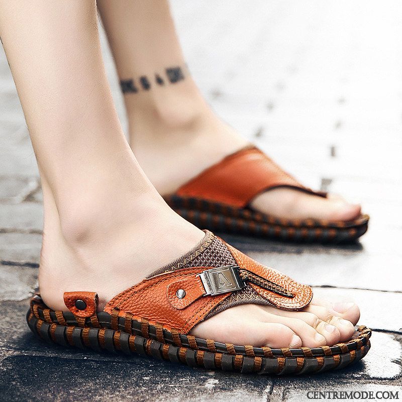 Tongs Homme Cuir Véritable Antidérapant Tongs Chaussons Décontractée Grande Taille Sandales Marron