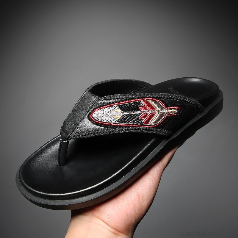 Tongs Homme Décontractée Cuir Véritable Tendance Antidérapant En Cuir Été Blanc