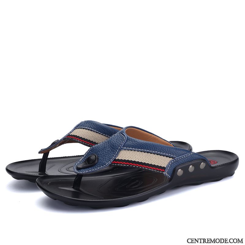 Tongs Homme En Cuir Tongs Chaussons Tendance Sport Plage Tous Les Assortis Bleu