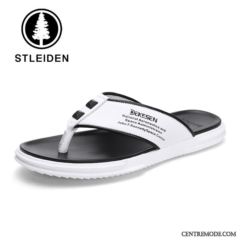 Tongs Homme Mode Outwear Simple Tongs Chaussons Cuir Véritable Été Blanc