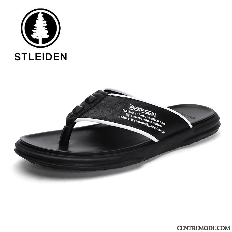 Tongs Homme Mode Outwear Simple Tongs Chaussons Cuir Véritable Été Blanc