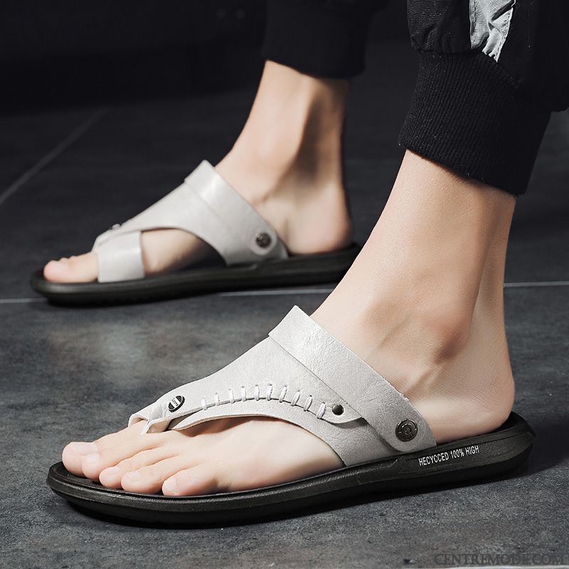 Tongs Homme Outwear Personnalité En Cuir Été Sandales Plage Gris